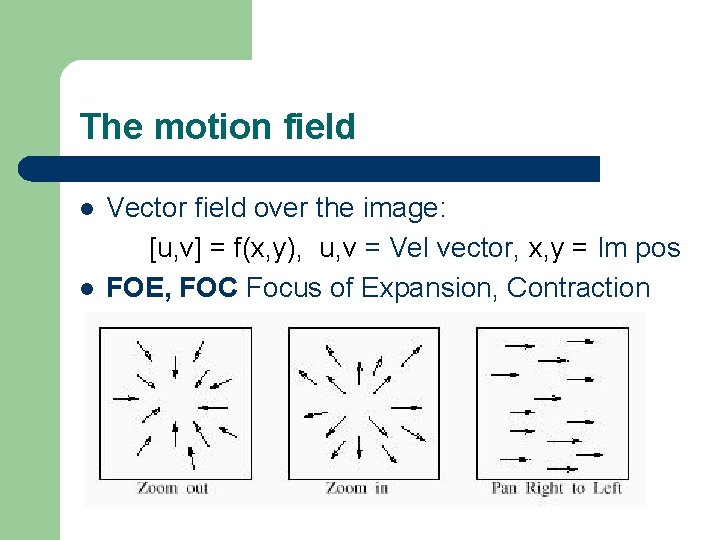 The motion field l l Vector field over the image: [u, v] = f(x,