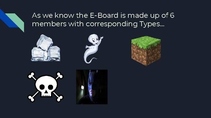 As we know the E-Board is made up of 6 members with corresponding Types.