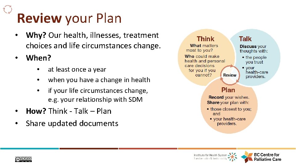 Review your Plan • Why? Our health, illnesses, treatment choices and life circumstances change.