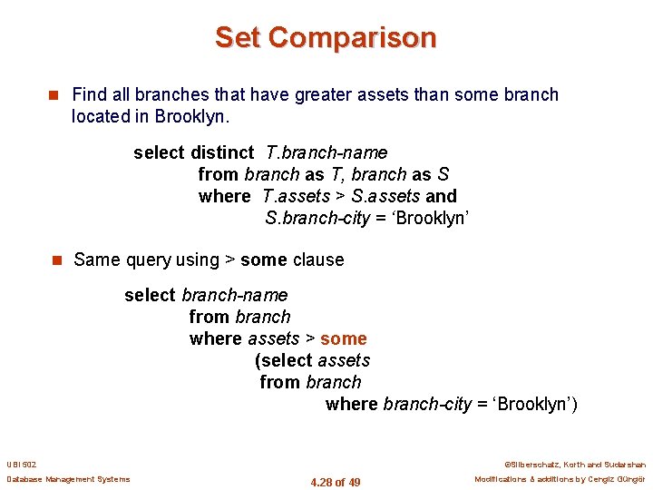 Set Comparison n Find all branches that have greater assets than some branch located