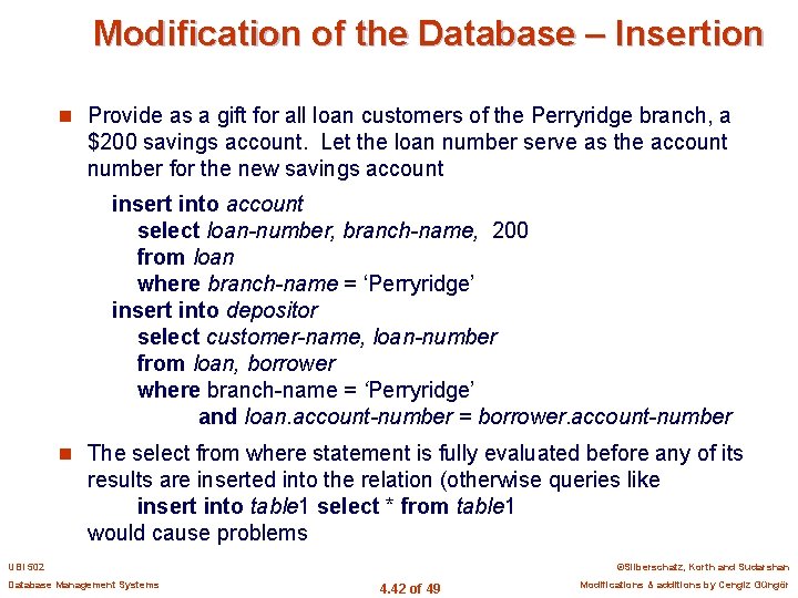 Modification of the Database – Insertion n Provide as a gift for all loan