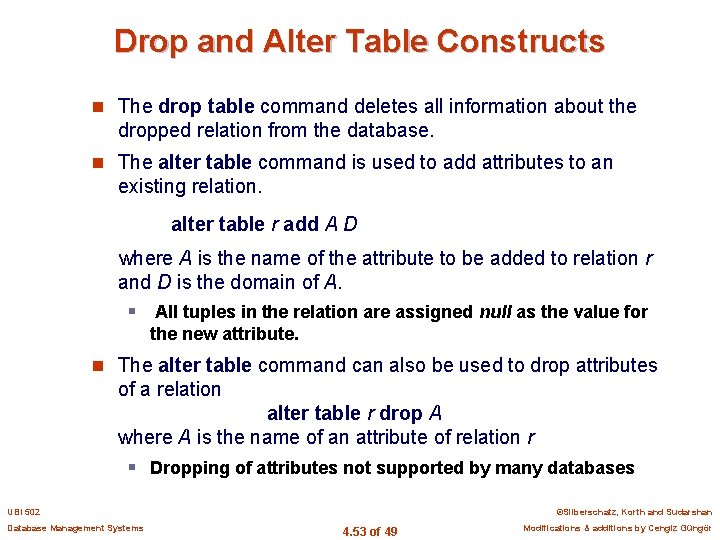 Drop and Alter Table Constructs n The drop table command deletes all information about
