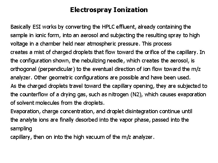 Electrospray Ionization Basically ESI works by converting the HPLC effluent, already containing the sample