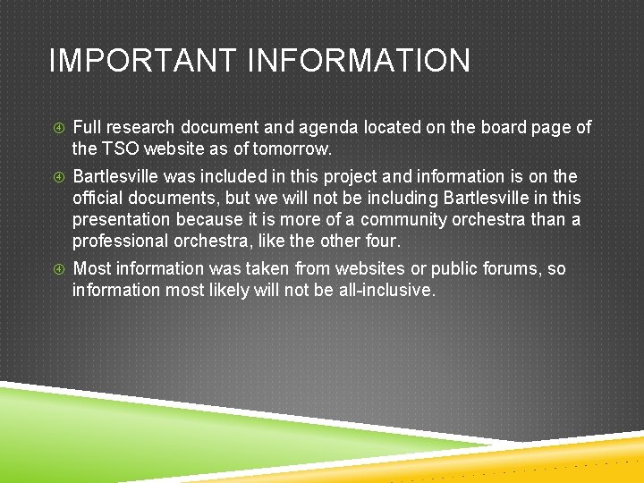 IMPORTANT INFORMATION Full research document and agenda located on the board page of the