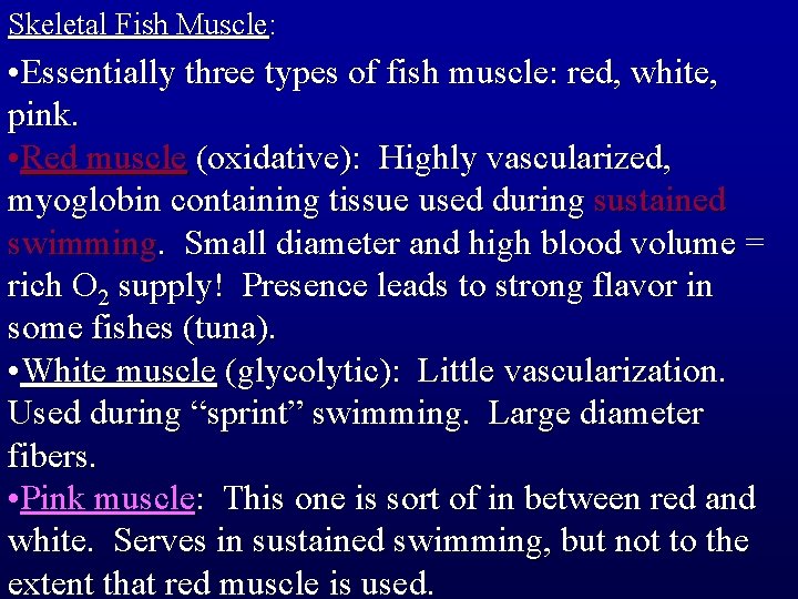 Skeletal Fish Muscle: • Essentially three types of fish muscle: red, white, pink. •