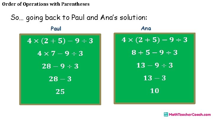 Order of Operations with Parentheses So… going back to Paul and Ana’s solution: 
