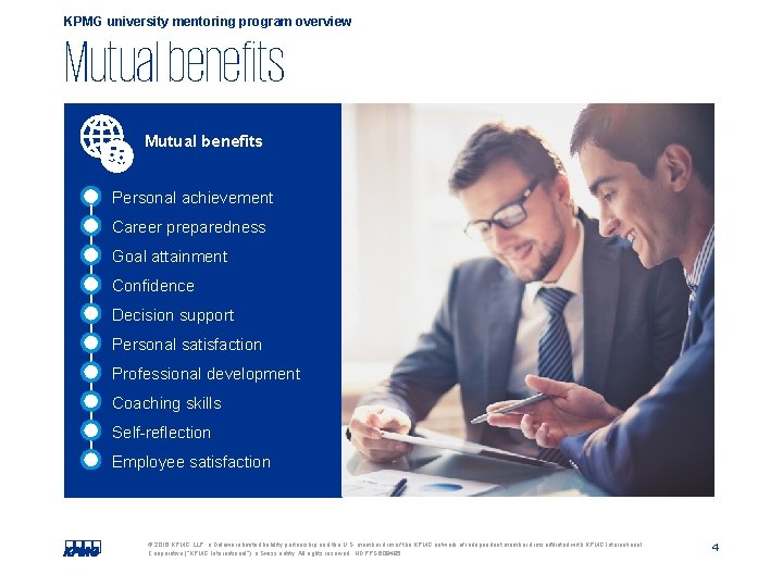 KPMG university mentoring program overview Mutual benefits Personal achievement Career preparedness Goal attainment Confidence