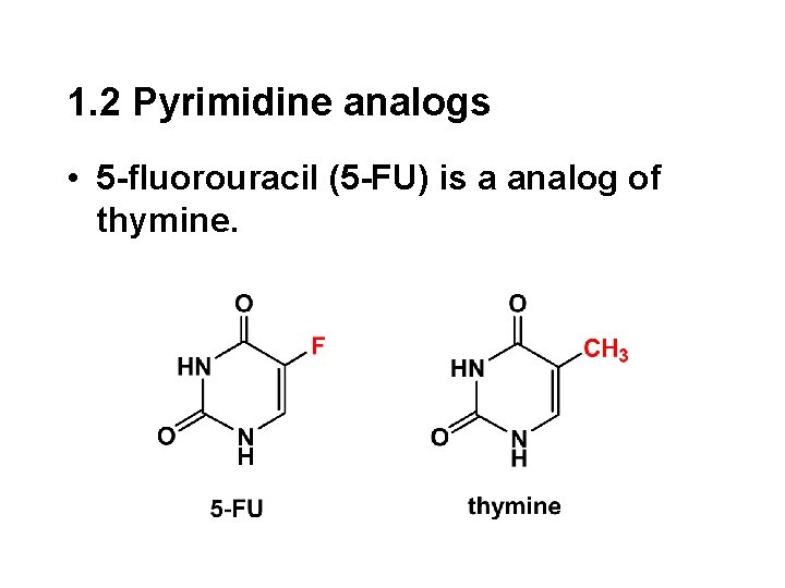 1. 2 Pyrimidine analogs • 5 -fluorouracil (5 -FU) is a analog of thymine.