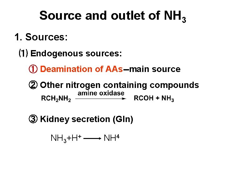 Source and outlet of NH 3 1. Sources: ⑴ Endogenous sources: ① Deamination of