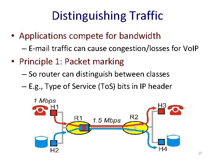 Distinguishing Traffic • Applications compete for bandwidth – E-mail traffic can cause congestion/losses for