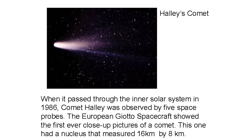 Halley’s Comet When it passed through the inner solar system in 1986, Comet Halley