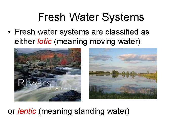 Fresh Water Systems • Fresh water systems are classified as either lotic (meaning moving