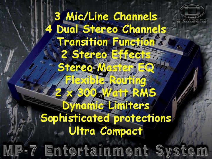 3 Mic/Line Channels 4 Dual Summary Stereo Channels Transition Function 2 Stereo Effects Stereo