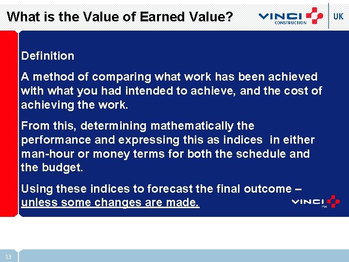 What is the Value of Earned Value? Definition A method of comparing what work