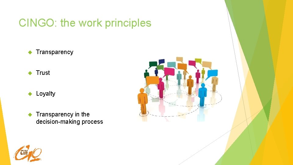 CINGO: the work principles Transparency Trust Loyalty Transparency in the decision-making process 