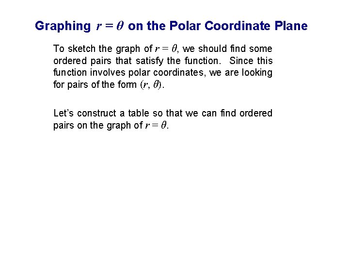 Graphing r = θ on the Polar Coordinate Plane To sketch the graph of