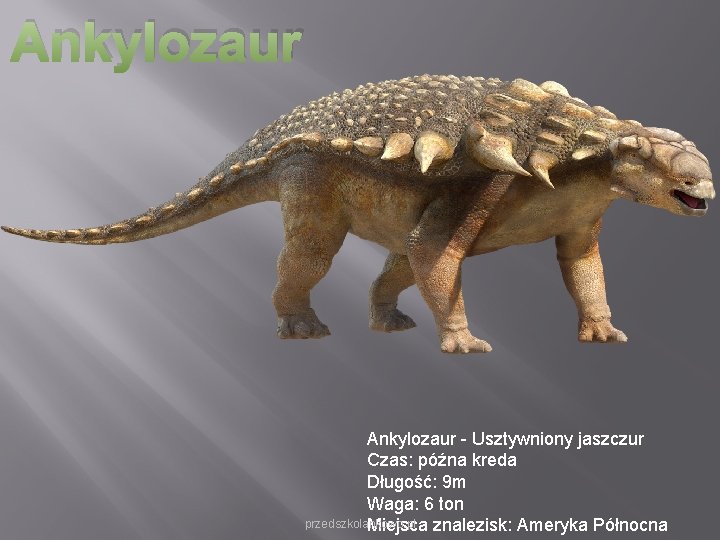 Ankylozaur - Usztywniony jaszczur Czas: późna kreda Długość: 9 m Waga: 6 ton przedszkolankowo. Ankylozaur - Usztywniony jaszczur Czas: późna kreda Długość: 9 m Waga: 6 ton przedszkolankowo.