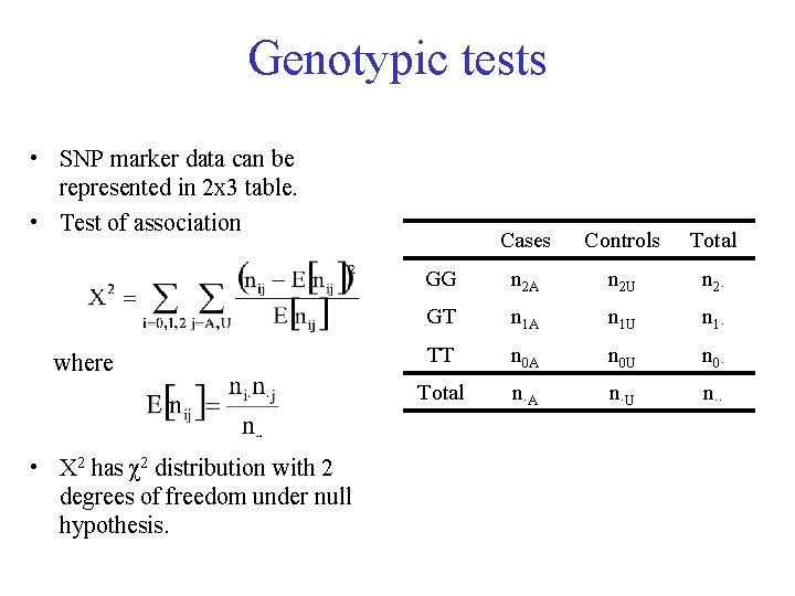 Genotypic tests • SNP marker data can be represented in 2 x 3 table.