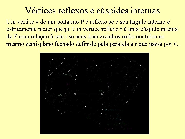Vértices reflexos e cúspides internas Um vértice v de um polígono P é reflexo