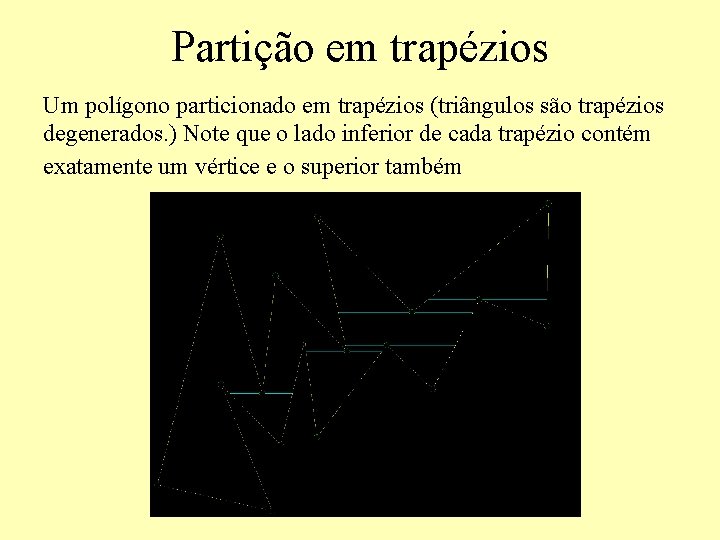 Partição em trapézios Um polígono particionado em trapézios (triângulos são trapézios degenerados. ) Note