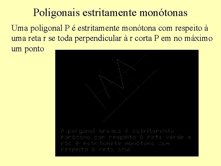 Poligonais estritamente monótonas Uma poligonal P é estritamente monótona com respeito à uma reta