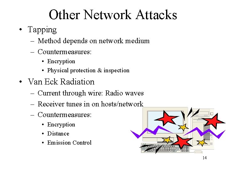 Other Network Attacks • Tapping – Method depends on network medium – Countermeasures: •
