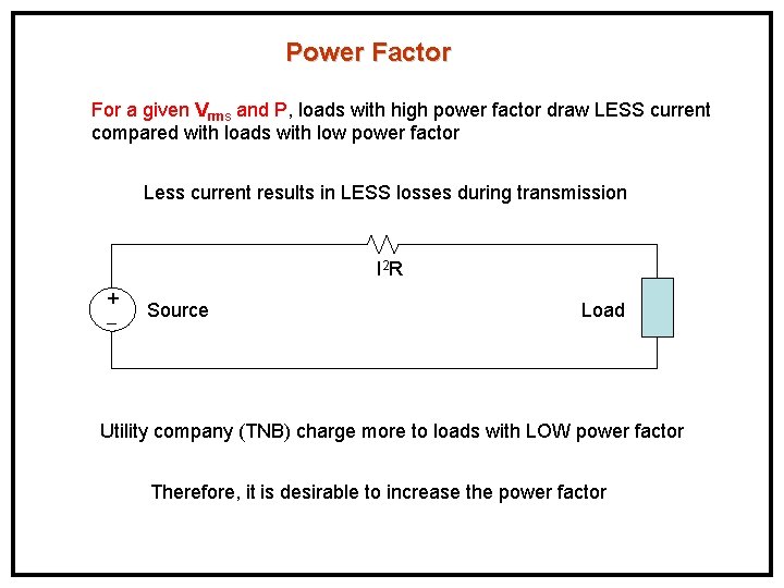 Power Factor For a given Vrms and P, loads with high power factor draw