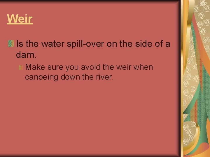 Weir Is the water spill-over on the side of a dam. Make sure you