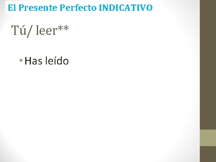 El Presente Perfecto INDICATIVO Tú/ leer** • Has leído 