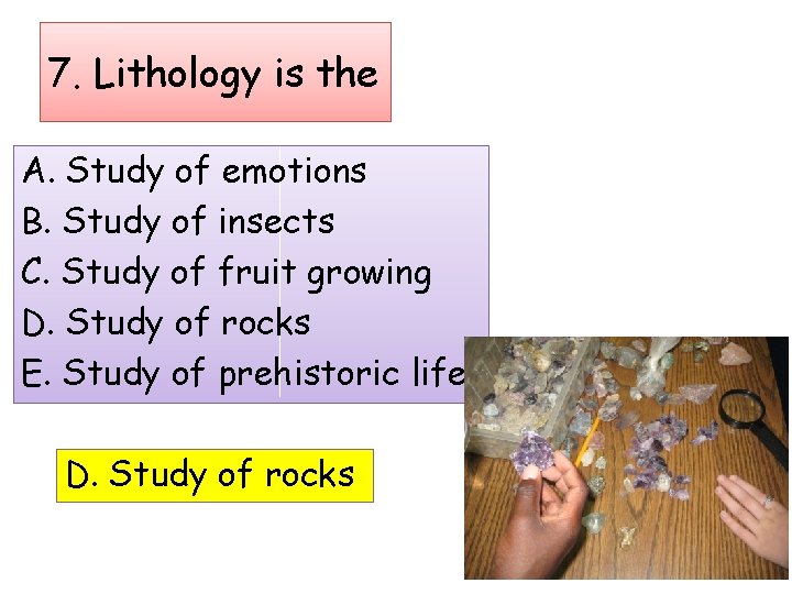 7. Lithology is the A. Study of emotions B. Study of insects C. Study