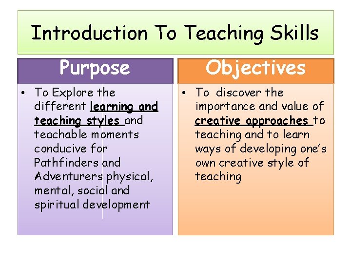 Introduction To Teaching Skills Purpose • To Explore the different learning and teaching styles