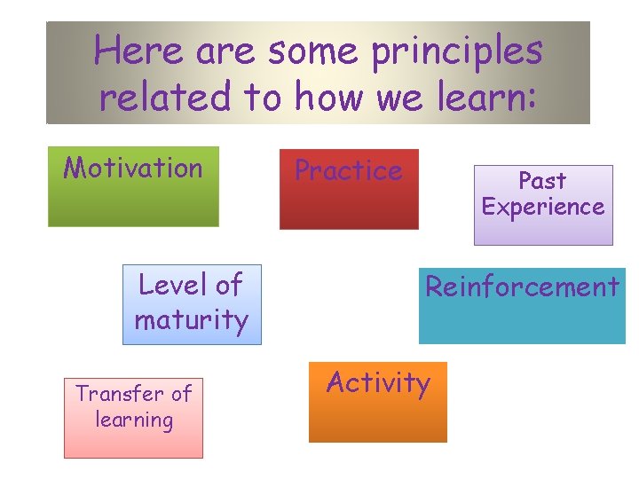 Here are some principles related to how we learn: Motivation Level of maturity Transfer