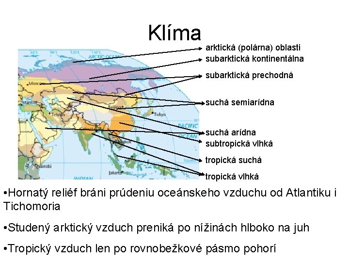 Klíma arktická (polárna) oblasti subarktická kontinentálna subarktická prechodná suchá semiarídna suchá arídna subtropická vlhká