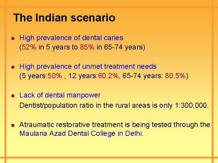 The Indian scenario n n High prevalence of dental caries (52% in 5 years