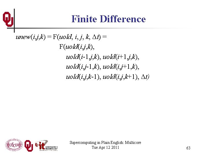 Finite Difference unew(i, j, k) = F(uold, i, j, k, Δt) = F(uold(i, j,