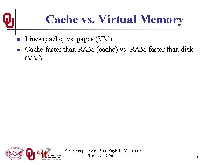 Cache vs. Virtual Memory n n Lines (cache) vs. pages (VM) Cache faster than