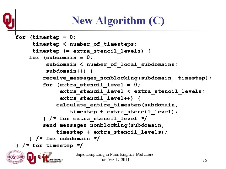 New Algorithm (C) for (timestep = 0; timestep < number_of_timesteps; timestep += extra_stencil_levels) {