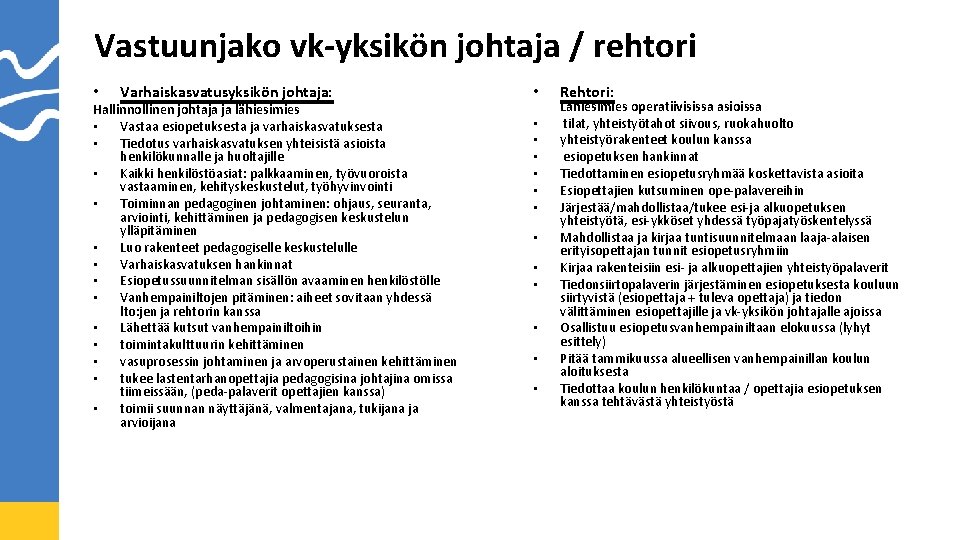 Vastuunjako vk-yksikön johtaja / rehtori • Varhaiskasvatusyksikön johtaja: Hallinnollinen johtaja ja lähiesimies • Vastaa