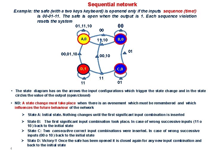 Sequential netowrk Example: the safe (with a two keys keyboard) is openend only if Sequential netowrk Example: the safe (with a two keys keyboard) is openend only if
