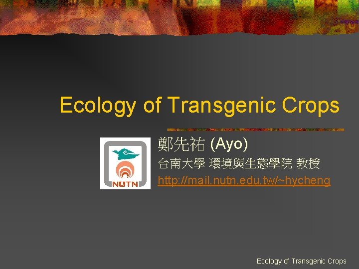 Ecology of Transgenic Crops 鄭先祐 (Ayo) 台南大學 環境與生態學院 教授 http: //mail. nutn. edu. tw/~hycheng