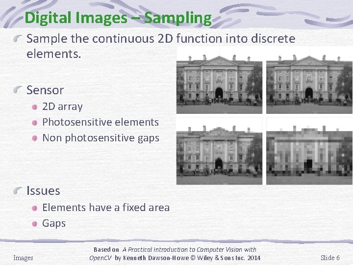 Digital Images – Sampling Sample the continuous 2 D function into discrete elements. Sensor