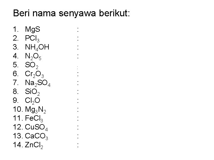 Beri nama senyawa berikut: 1. Mg. S 2. PCl 3 3. NH 4 OH