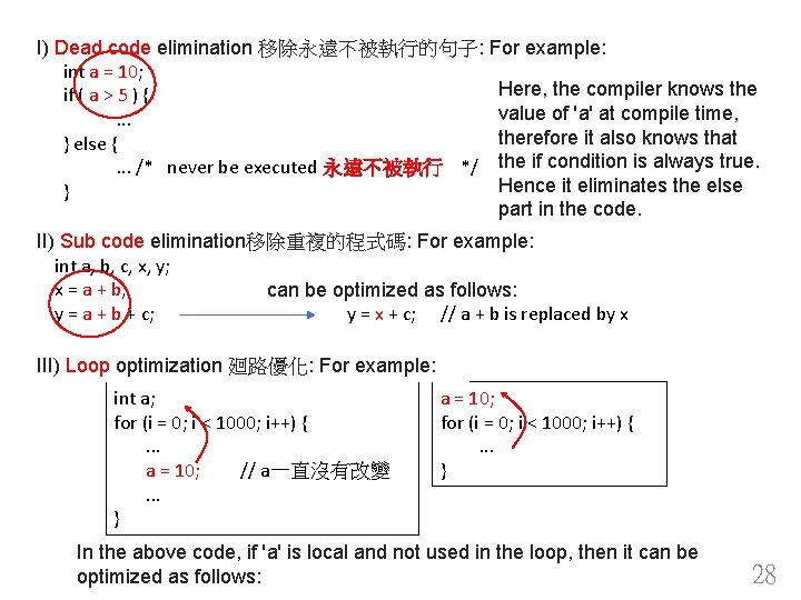 I) Dead code elimination 移除永遠不被執行的句子: For example: int a = 10; Here, the compiler