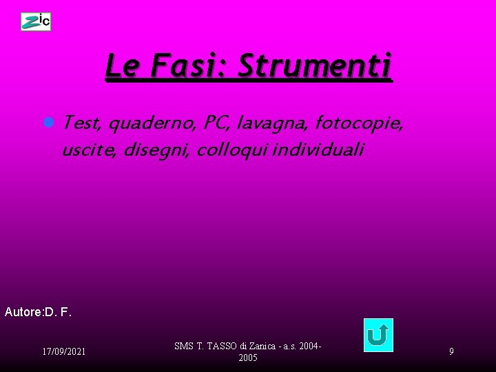 Le Fasi: Strumenti l Test, quaderno, PC, lavagna, fotocopie, uscite, disegni, colloqui individuali Autore: