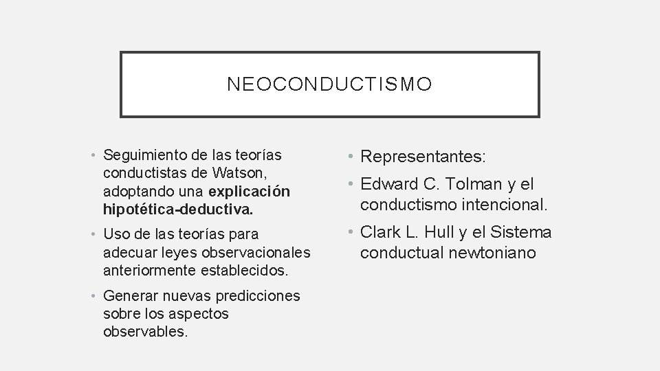 NEOCONDUCTISMO • Seguimiento de las teorías conductistas de Watson, adoptando una explicación hipotética-deductiva. •