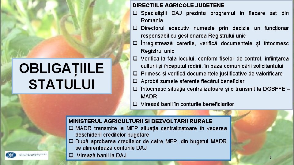 OBLIGAȚIILE STATULUI DIRECTIILE AGRICOLE JUDETENE q Specialiștii DAJ prezinta programul in fiecare sat din