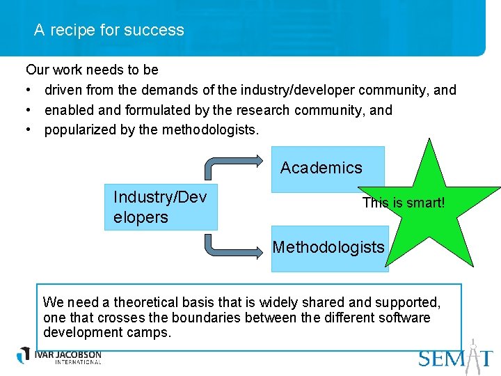 A recipe for success Our work needs to be • driven from the demands