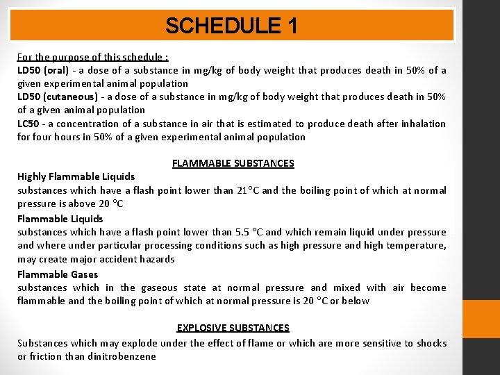 SCHEDULE 1 For the purpose of this schedule : LD 50 (oral) - a