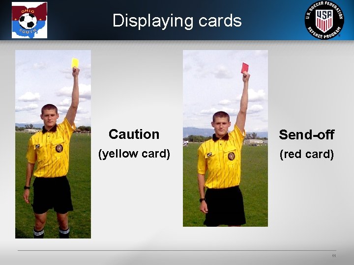 Displaying cards Caution Send-off (yellow card) (red card) 11 