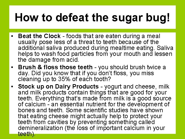 How to defeat the sugar bug! • Beat the Clock - foods that are